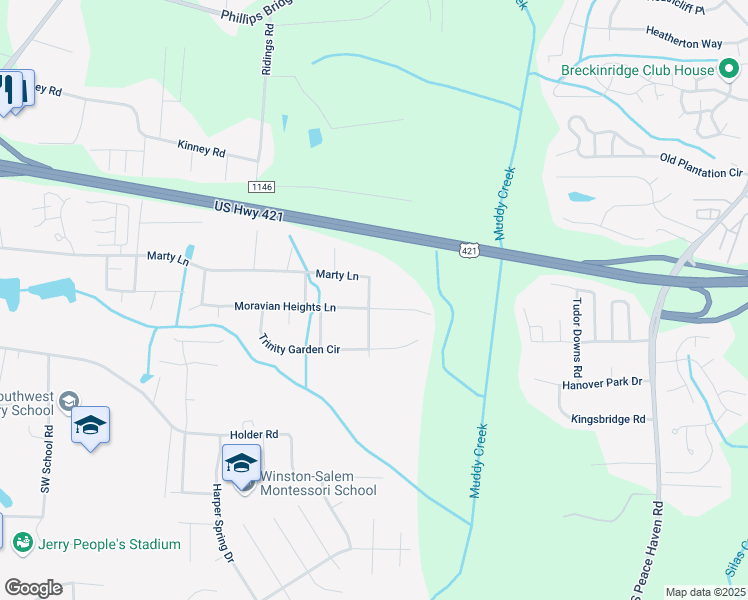 map of restaurants, bars, coffee shops, grocery stores, and more near 5443 Moravian Heights Lane in Clemmons