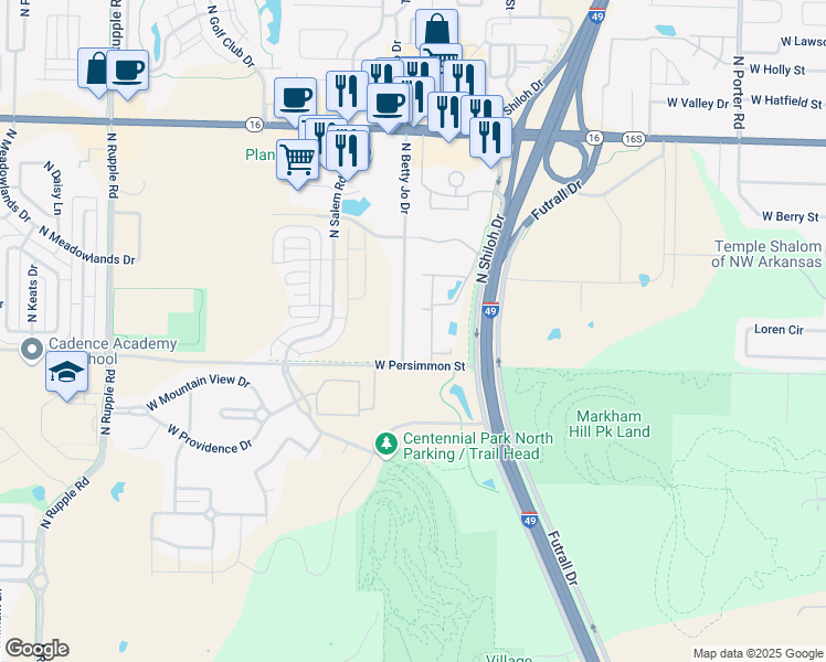 map of restaurants, bars, coffee shops, grocery stores, and more near 517 North Betty Jo Drive in Fayetteville