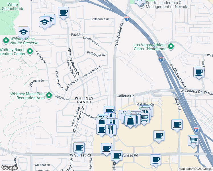 map of restaurants, bars, coffee shops, grocery stores, and more near 855 North Stephanie Street in Henderson