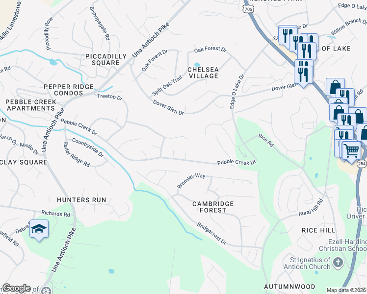 map of restaurants, bars, coffee shops, grocery stores, and more near 1113 Pebble Creek Ct E in Nashville