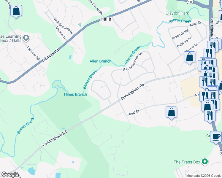 map of restaurants, bars, coffee shops, grocery stores, and more near 7118 East Chermont Circle in Knoxville