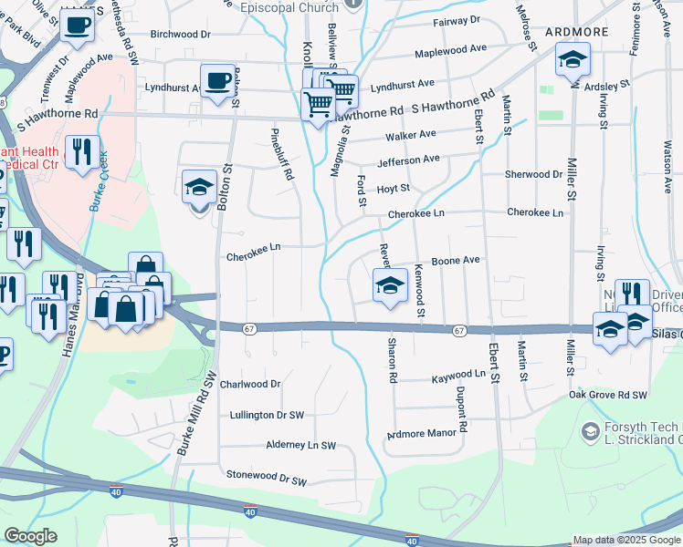 map of restaurants, bars, coffee shops, grocery stores, and more near 1418 Chelsea Street in Winston-Salem