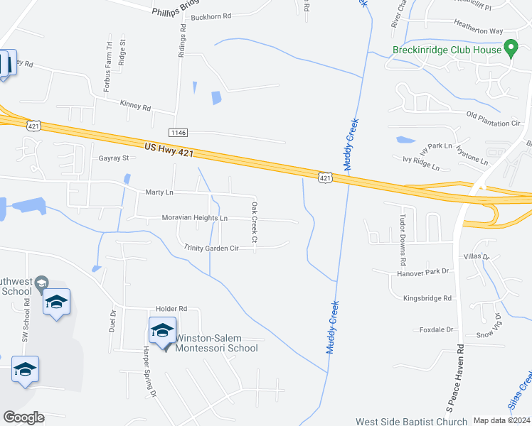map of restaurants, bars, coffee shops, grocery stores, and more near 5447 Moravian Heights Lane in Clemmons