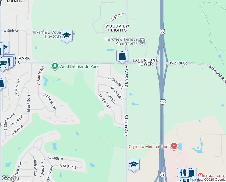 map of restaurants, bars, coffee shops, grocery stores, and more near 1746 West 63rd Street South in Tulsa