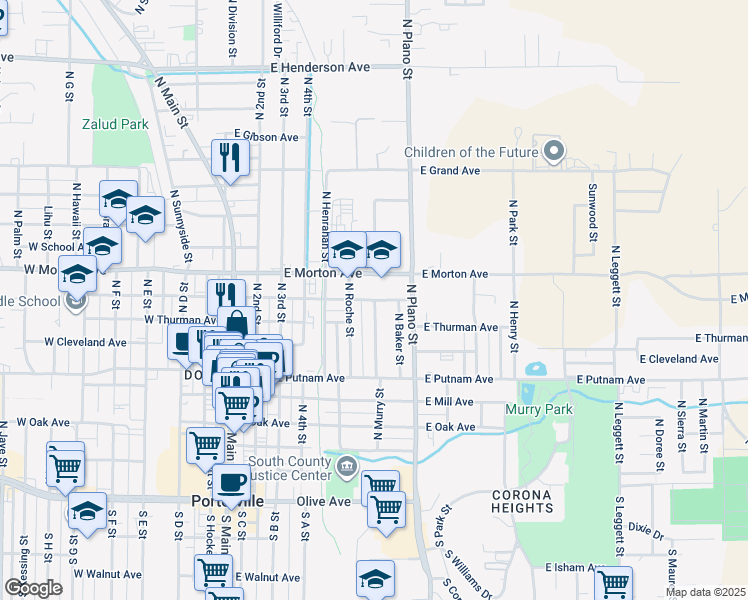 map of restaurants, bars, coffee shops, grocery stores, and more near 299 East Harrison Avenue in Porterville