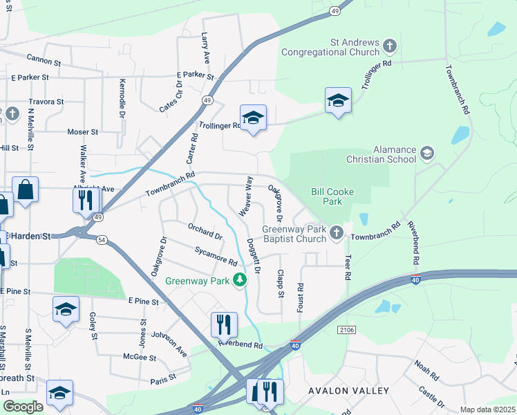 map of restaurants, bars, coffee shops, grocery stores, and more near 412 Ashburn Street in Graham