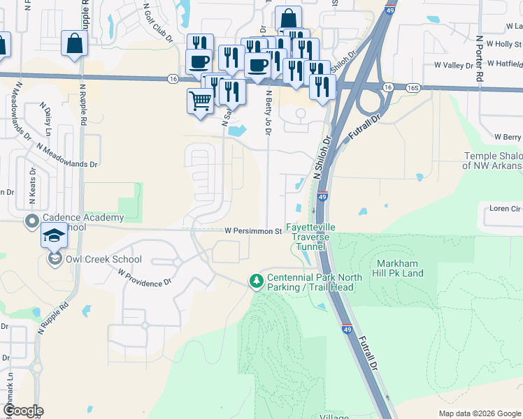 map of restaurants, bars, coffee shops, grocery stores, and more near 545 North Betty Jo Drive in Fayetteville