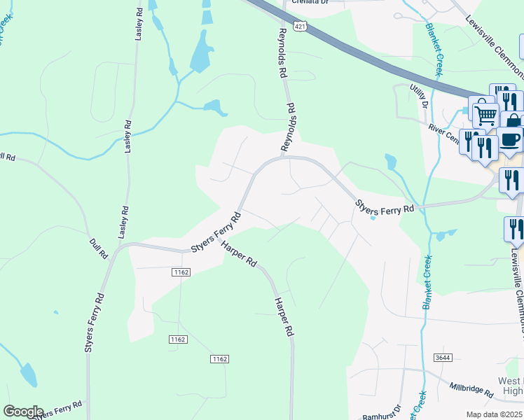 map of restaurants, bars, coffee shops, grocery stores, and more near 1609 Lindy Park Drive in Clemmons