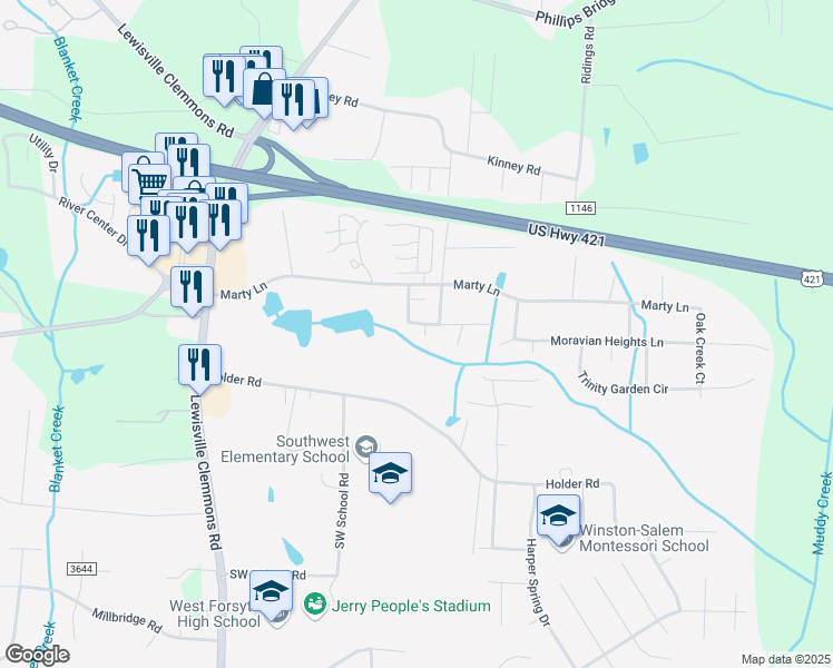map of restaurants, bars, coffee shops, grocery stores, and more near 6000 Southcrest Drive in Clemmons