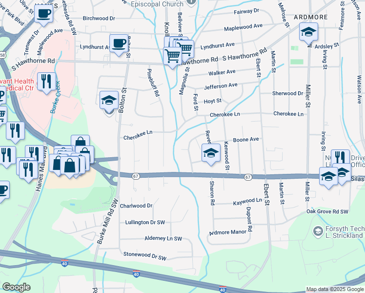 map of restaurants, bars, coffee shops, grocery stores, and more near 1418 Chelsea Street in Winston-Salem