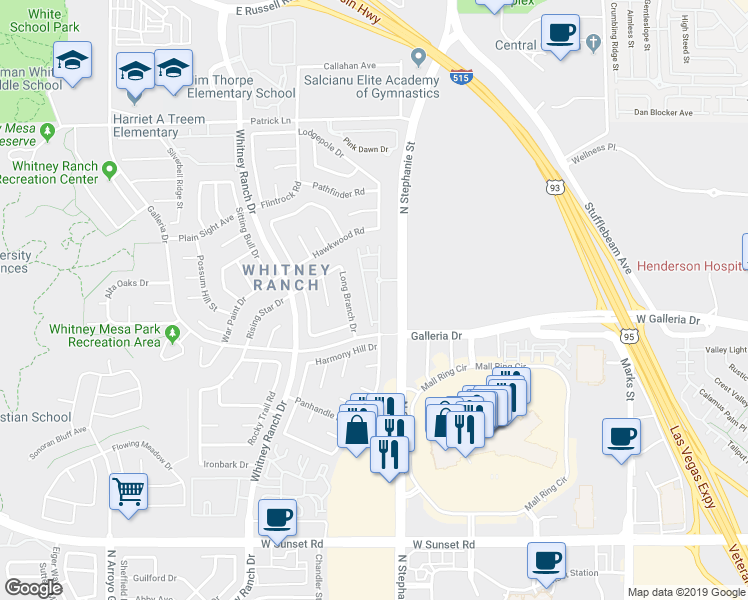 map of restaurants, bars, coffee shops, grocery stores, and more near 855 North Stephanie Street in Henderson