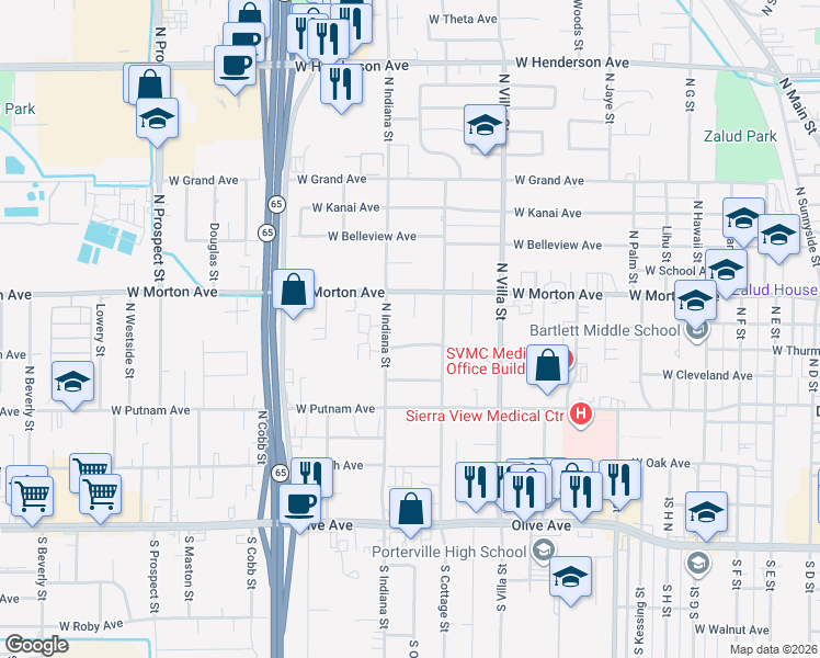 map of restaurants, bars, coffee shops, grocery stores, and more near 346 Ohio Circle in Porterville