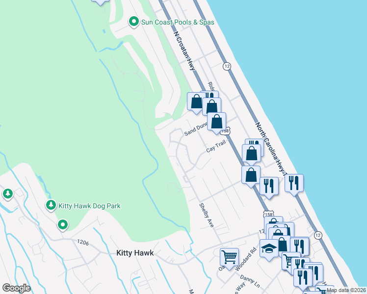 map of restaurants, bars, coffee shops, grocery stores, and more near 2703 Neptune Way in Kitty Hawk