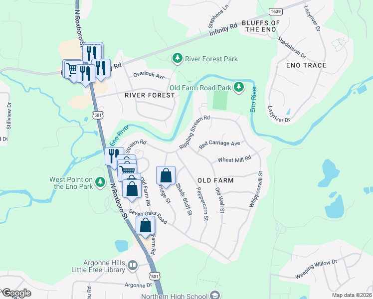 map of restaurants, bars, coffee shops, grocery stores, and more near 5705 Old Well Street in Durham
