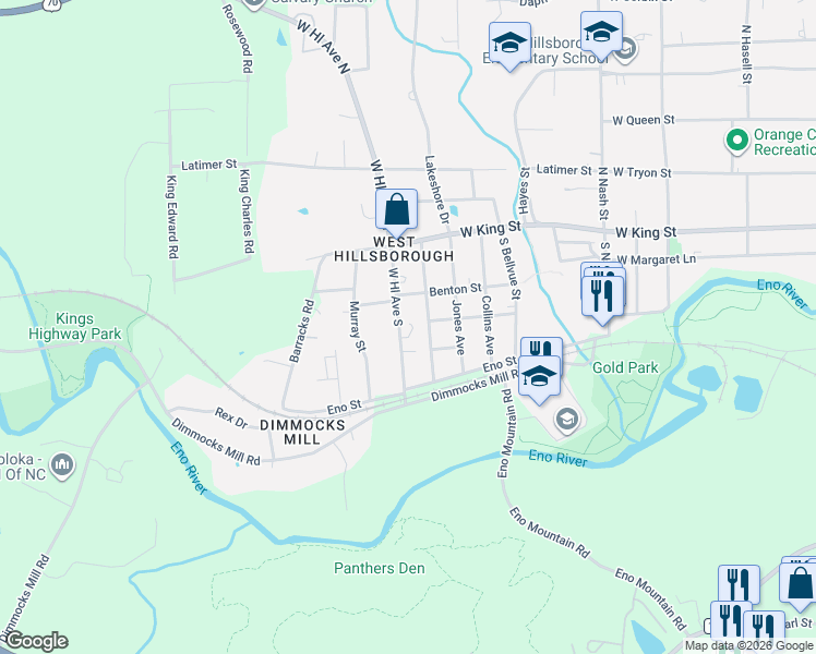 map of restaurants, bars, coffee shops, grocery stores, and more near 301 West Hill Avenue South in Hillsborough