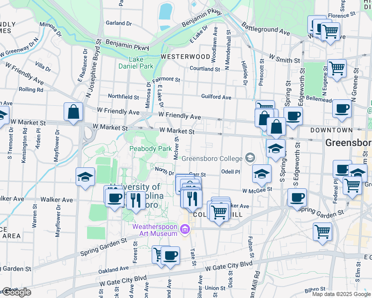 map of restaurants, bars, coffee shops, grocery stores, and more near 126 State Street in Greensboro