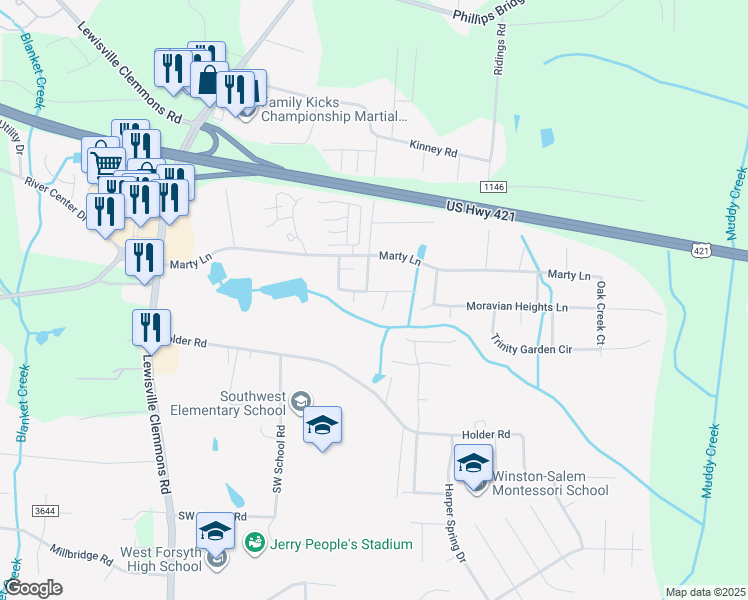map of restaurants, bars, coffee shops, grocery stores, and more near 5720 Southwest Acres Drive in Clemmons