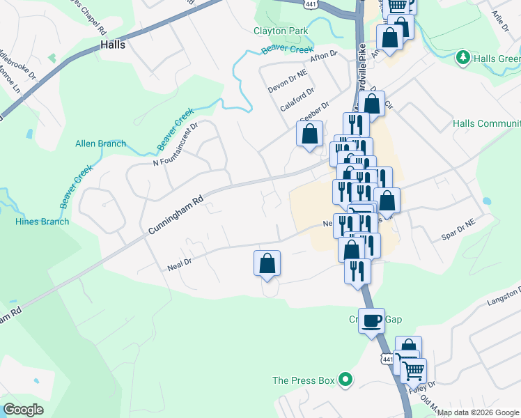 map of restaurants, bars, coffee shops, grocery stores, and more near 3614 Cunningham Road in Knoxville