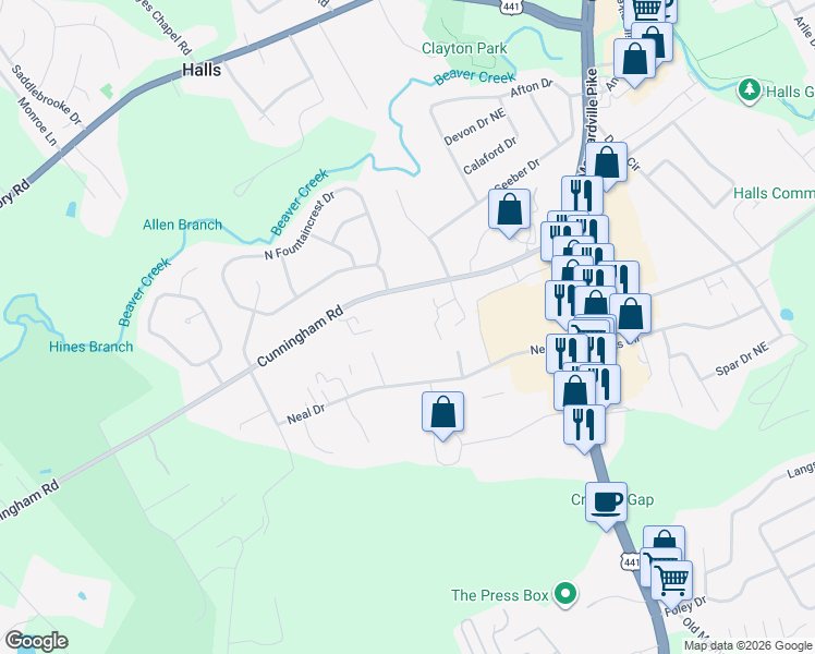 map of restaurants, bars, coffee shops, grocery stores, and more near 3614 Cunningham Road in Knoxville