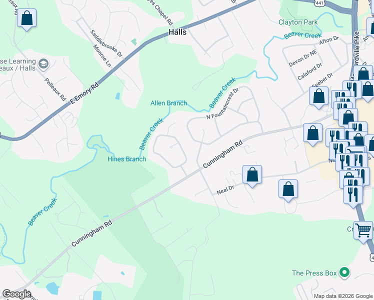 map of restaurants, bars, coffee shops, grocery stores, and more near 7118 East Chermont Circle in Knoxville