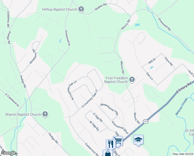 map of restaurants, bars, coffee shops, grocery stores, and more near 1426 South Courtney Oak Lane in Knoxville