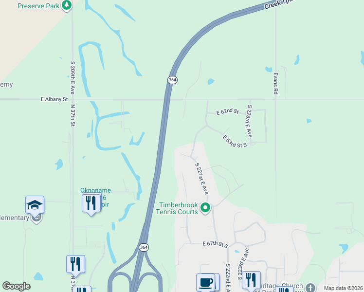 map of restaurants, bars, coffee shops, grocery stores, and more near 6405 South 221st East Avenue in Broken Arrow