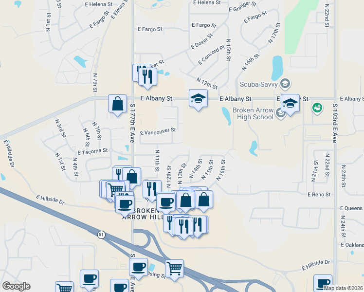 map of restaurants, bars, coffee shops, grocery stores, and more near 1311 East Uniontown Street in Broken Arrow