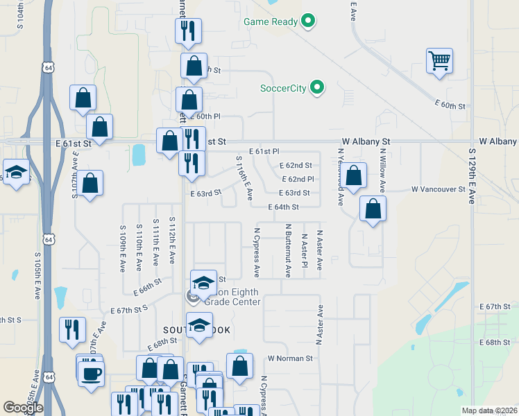 map of restaurants, bars, coffee shops, grocery stores, and more near 11602 East 64th Street in Broken Arrow