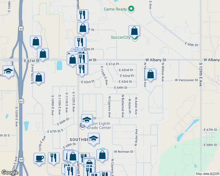 map of restaurants, bars, coffee shops, grocery stores, and more near 11602 East 64th Street in Broken Arrow
