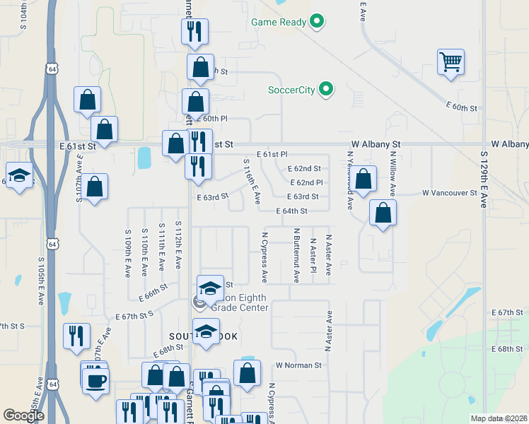 map of restaurants, bars, coffee shops, grocery stores, and more near 11602 East 64th Street in Broken Arrow