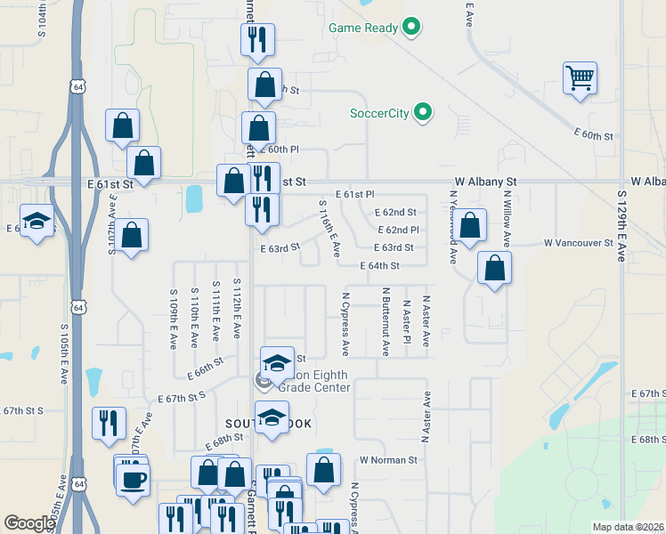 map of restaurants, bars, coffee shops, grocery stores, and more near 11602 East 64th Street in Broken Arrow