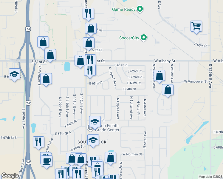 map of restaurants, bars, coffee shops, grocery stores, and more near 11602 East 64th Street in Broken Arrow