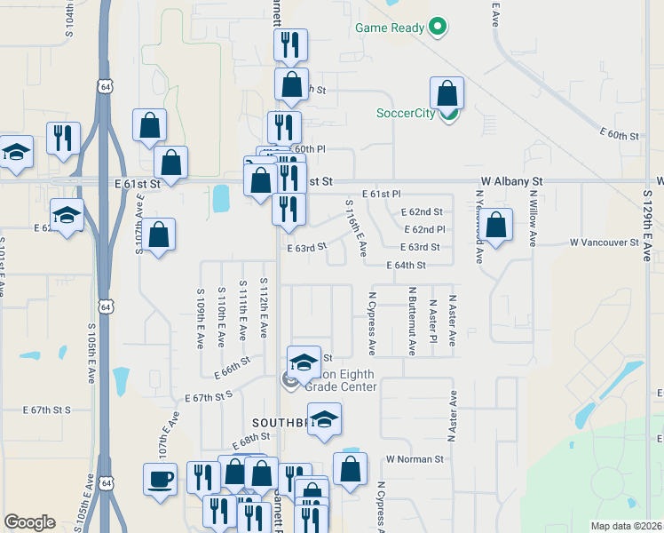 map of restaurants, bars, coffee shops, grocery stores, and more near 11506 East 64th Street in Broken Arrow
