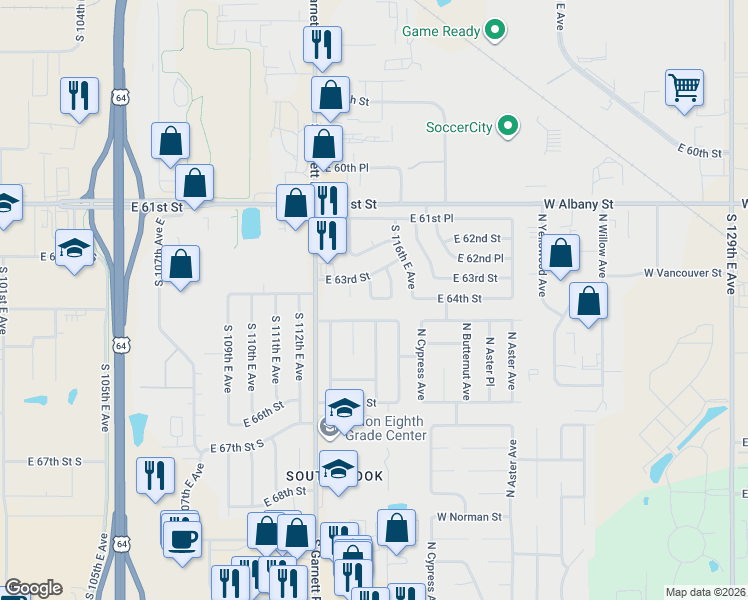 map of restaurants, bars, coffee shops, grocery stores, and more near 11506 East 64th Street in Broken Arrow