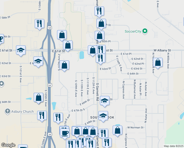 map of restaurants, bars, coffee shops, grocery stores, and more near 6301 South Garnett Road in Broken Arrow
