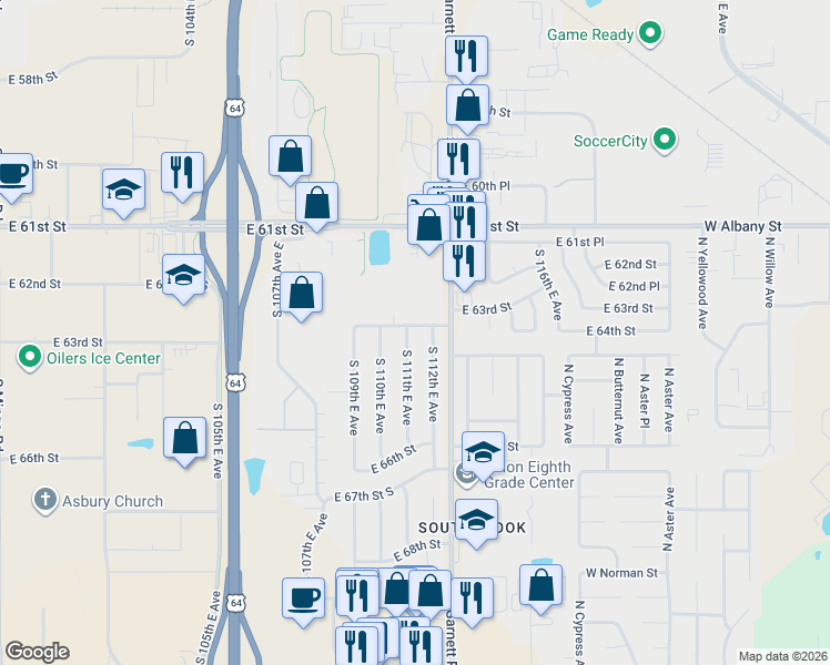 map of restaurants, bars, coffee shops, grocery stores, and more near 6310 South 111th East Avenue in Tulsa