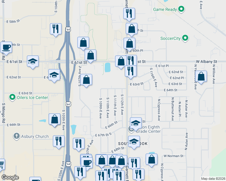 map of restaurants, bars, coffee shops, grocery stores, and more near 6310 South 111th East Avenue in Tulsa