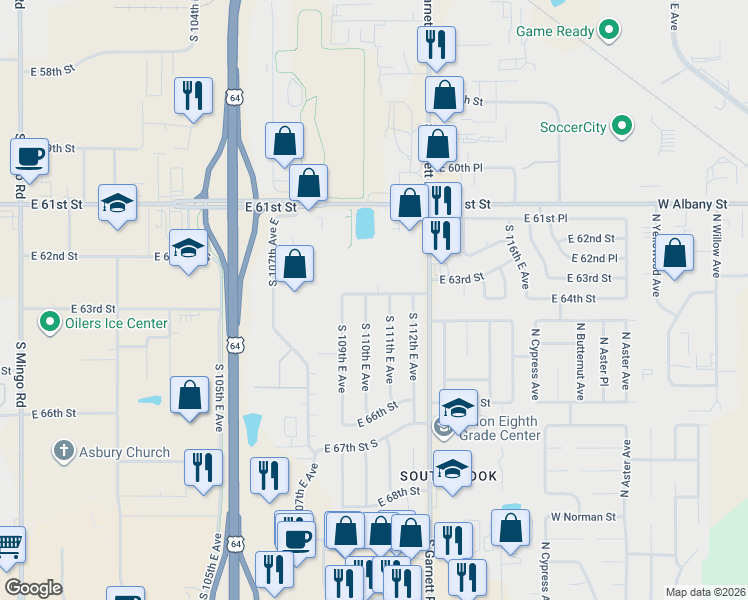 map of restaurants, bars, coffee shops, grocery stores, and more near 6310 South 111th East Avenue in Tulsa