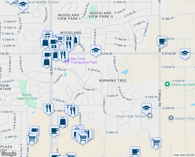 map of restaurants, bars, coffee shops, grocery stores, and more near 8820 East 62nd Court in Tulsa
