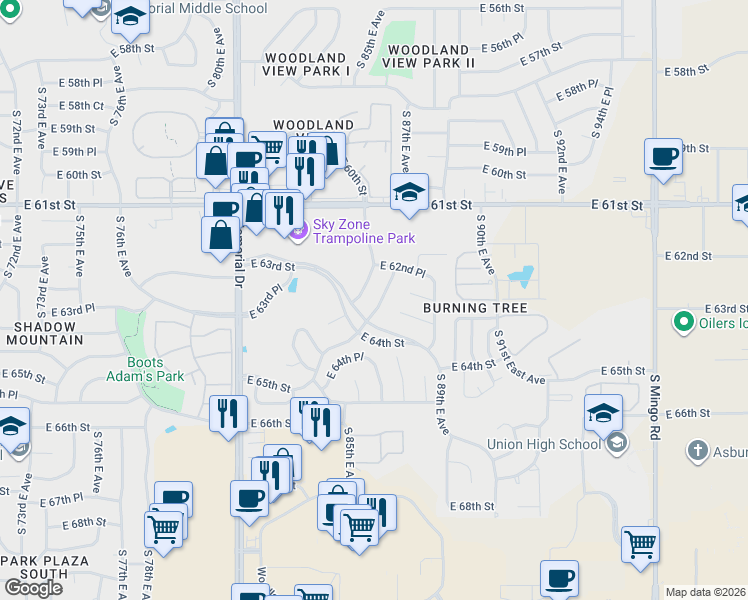 map of restaurants, bars, coffee shops, grocery stores, and more near 6235 South 87th East Avenue South in Tulsa