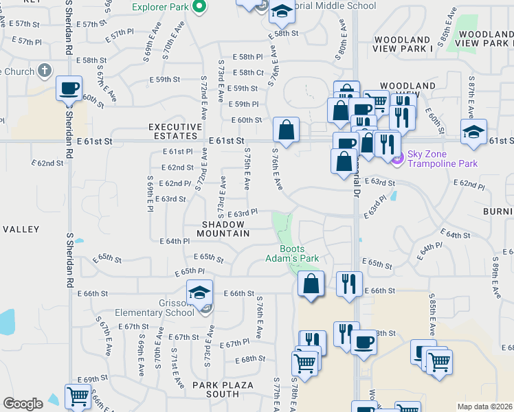 map of restaurants, bars, coffee shops, grocery stores, and more near 7523 East 63rd Place in Tulsa
