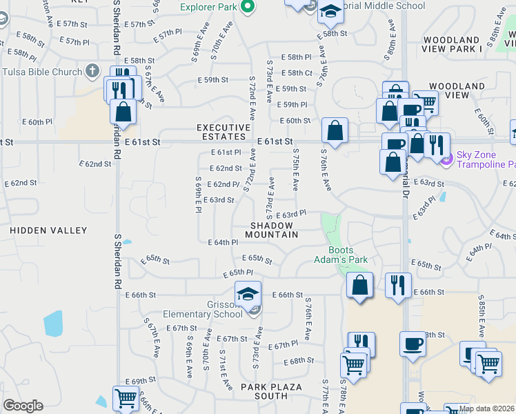 map of restaurants, bars, coffee shops, grocery stores, and more near 6316 South 73rd East Avenue in Tulsa