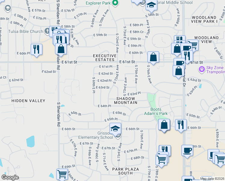map of restaurants, bars, coffee shops, grocery stores, and more near 6317 South 72nd East Avenue in Tulsa