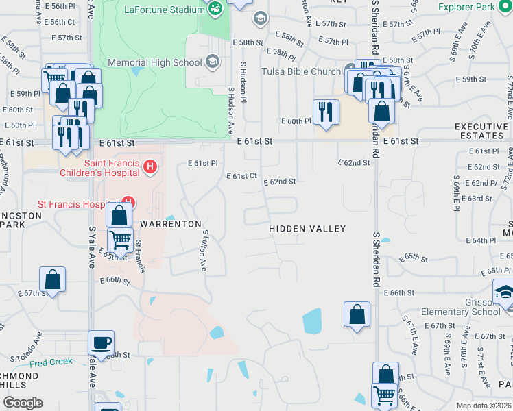 map of restaurants, bars, coffee shops, grocery stores, and more near 5742 East 62nd Place in Tulsa