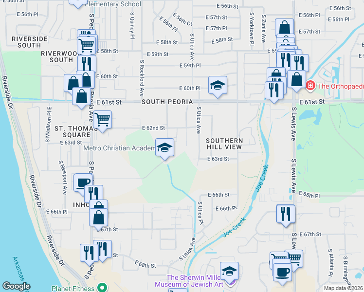 map of restaurants, bars, coffee shops, grocery stores, and more near 1610 East 63rd Street in Tulsa