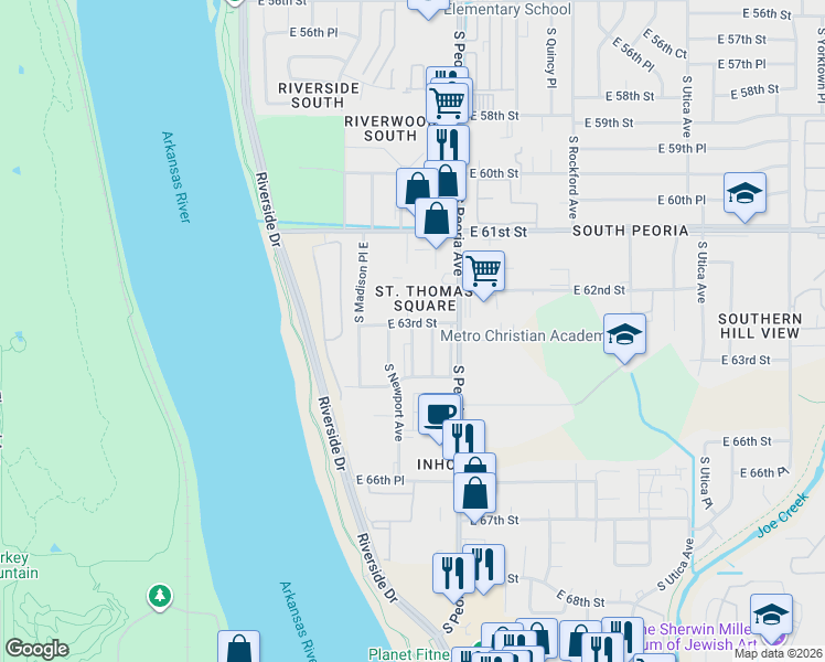 map of restaurants, bars, coffee shops, grocery stores, and more near in Tulsa
