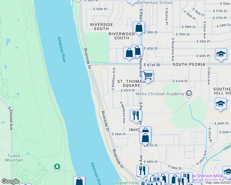 map of restaurants, bars, coffee shops, grocery stores, and more near 6308 South Newport Avenue in Tulsa