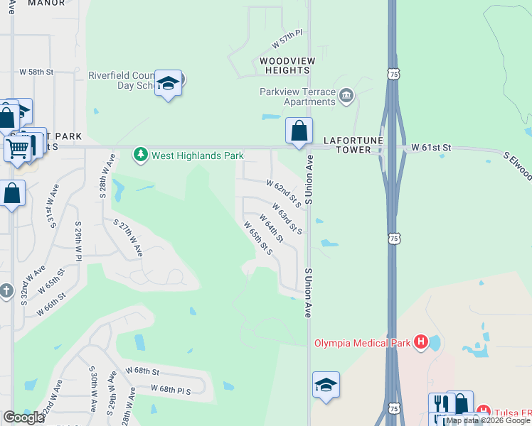 map of restaurants, bars, coffee shops, grocery stores, and more near 1876 West 64th Street in Tulsa