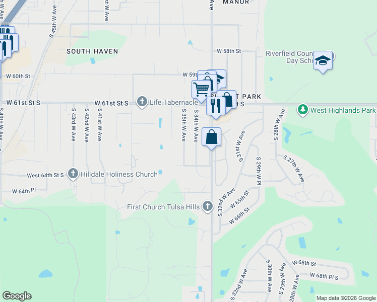 map of restaurants, bars, coffee shops, grocery stores, and more near 6191 South 35th West Avenue in Tulsa