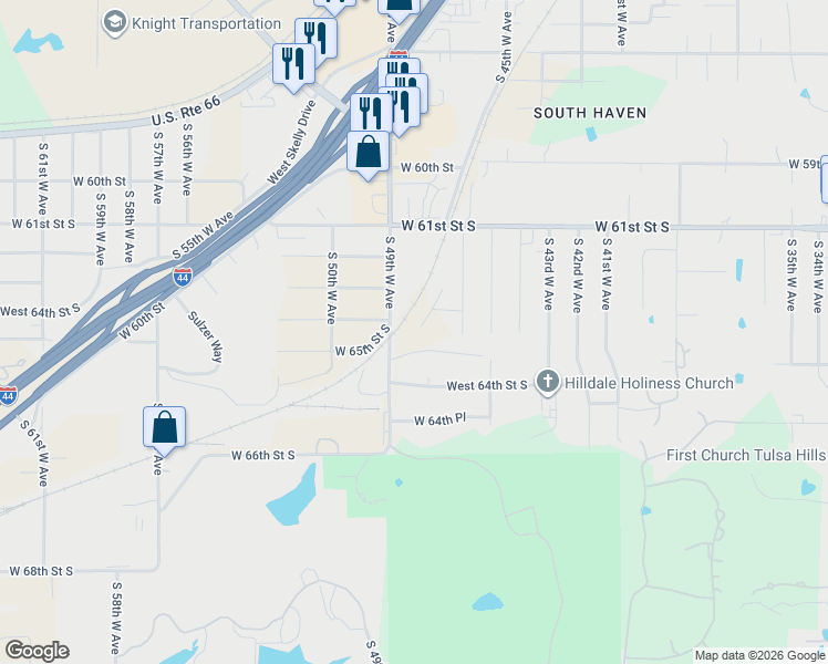 map of restaurants, bars, coffee shops, grocery stores, and more near 6337 South 49th West Avenue in Tulsa